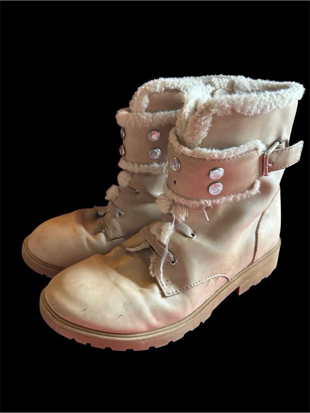 Jessica Simpson Cream Faux-Fur Lace-Up Winter Boots with Rhinestone Accents